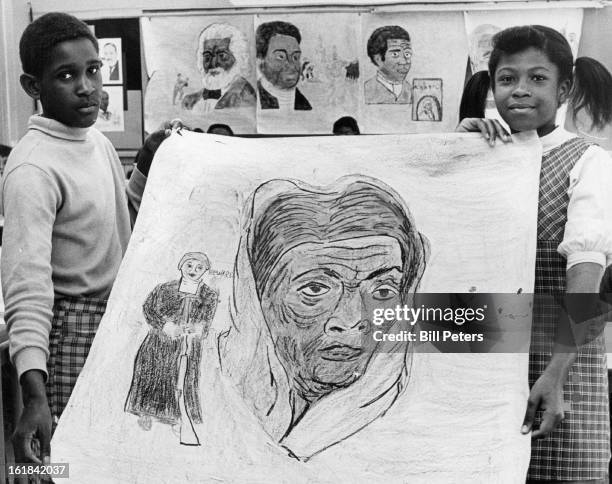 Drawing Is Of Harriet Tubman, Conductor On The Underground Railroad; Students are Stanley Crews, 3210 Kearney St., and Lisa Johnson, 3615 Locust St....