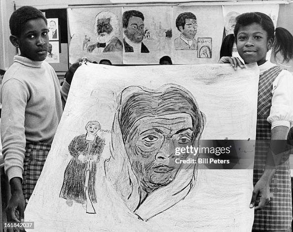 APR 16 1969, APR 26 1969, APR 30 1969; Drawing Is Of Harriet Tubman, Conductor On The Underground Railroad; Students are Stanley Crews, 3210 Kearney St., and Lisa Johnson, 3615 Locust St. Harriet Tubman conducted some 300 salves to freedom in the north in APR 16 1969, APR 26 1969, APR 30 1969; Drawing Is Of Harriet Tubman, Conductor On The Underground Railroad; Students are Stanley Crews, 3210 Kearney St., and Lisa Johnson, 3615 Locust St. Harriet Tubman conducted some 300 salves to freedom in the north in