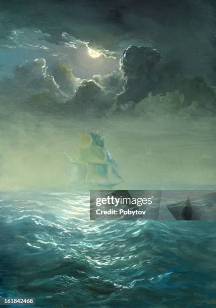 grand ship sailing on stormy waters - sailing ship night stock illustrations