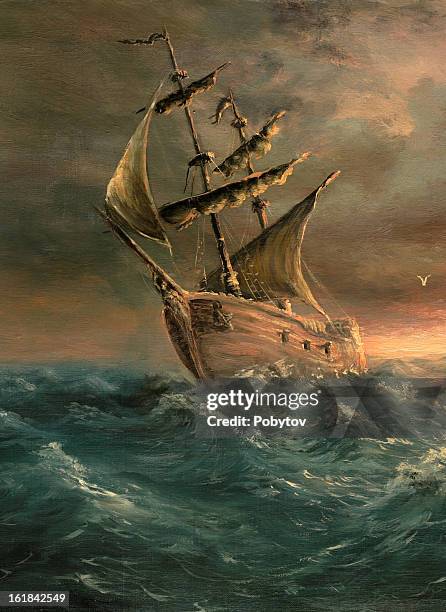 stockillustraties, clipart, cartoons en iconen met a painting of a ship that has just made it through a storm - pirate boat