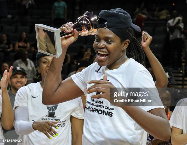 Jonquel Jones of the New York Liberty accepts the MVP trophy after the team's 82-63 victory over the Las Vegas Aces in the 2023 Commissioner's Cup...