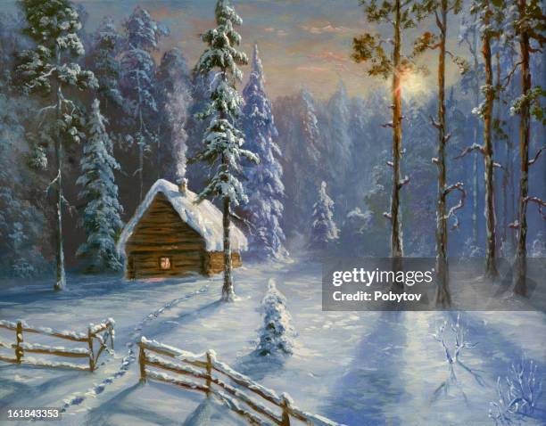 winter cabin - illuminated path stock illustrations