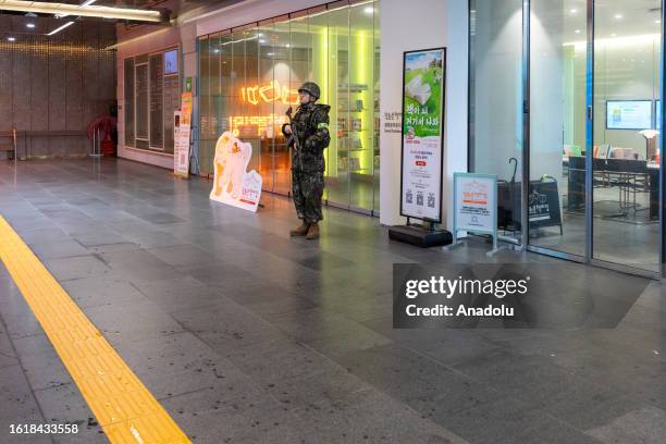 Soldier is seen during the evacuation test at Gwanghwamun Plaza/Station in Seoul, South Korea on August 23, 2023. South Korea hold its first...