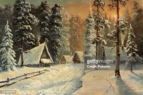 winter sunset - forest road stock illustrations