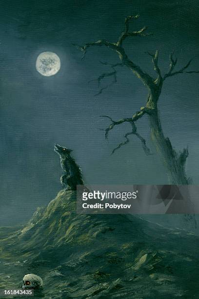 bildbanksillustrationer, clip art samt tecknat material och ikoner med a halloween themed picture of a wolf at night time - yla