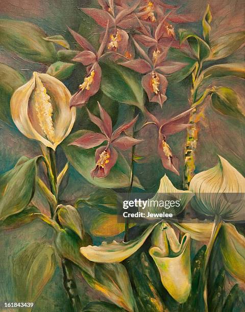 orchids - oil painting flowers stock illustrations
