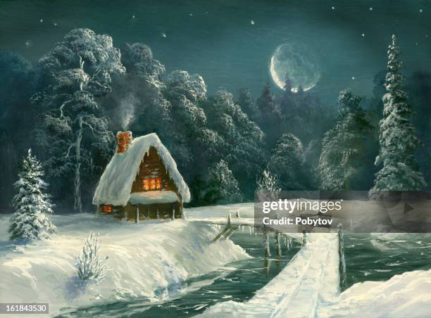 the winter bridge - illuminated path stock illustrations