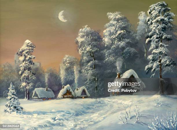 image of a village covered in snow - log cabin illustration stock illustrations