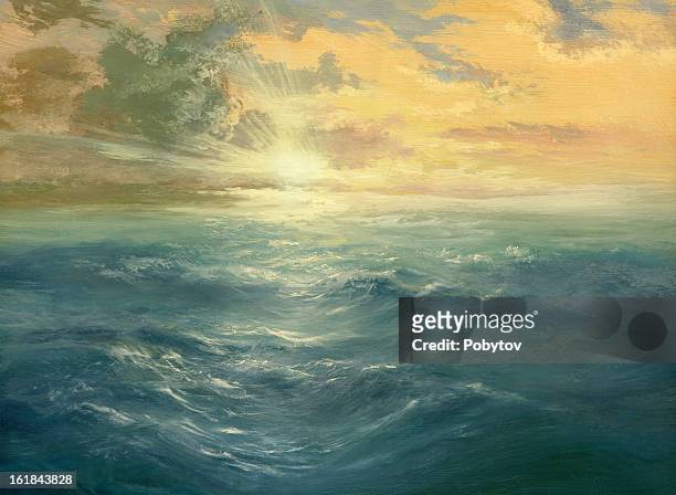 stockillustraties, clipart, cartoons en iconen met oil painting of a sunset over the ocean - seascape