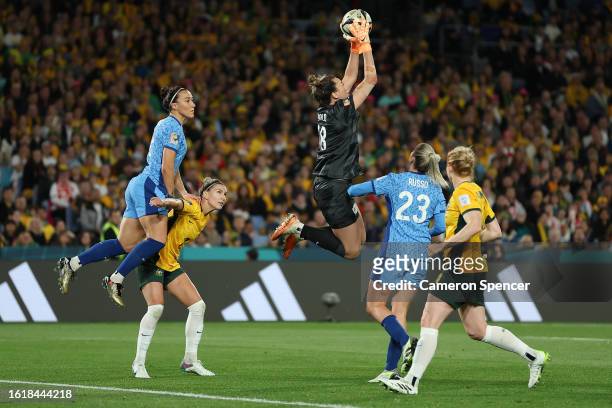 Mackenzie Arnold of Australia makes a catch during the FIFA Women's World Cup Australia & New Zealand 2023 Semi Final match between Australia and...