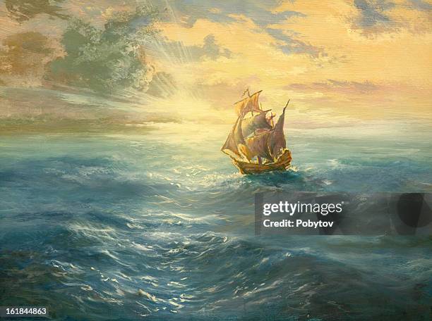 meer bei sonnenuntergang - piratenschiff stock-grafiken, -clipart, -cartoons und -symbole