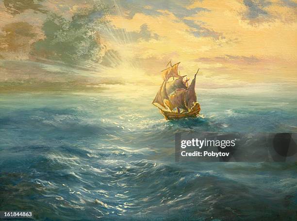 ilustraciones, imágenes clip art, dibujos animados e iconos de stock de mar al atardecer - pirate ship