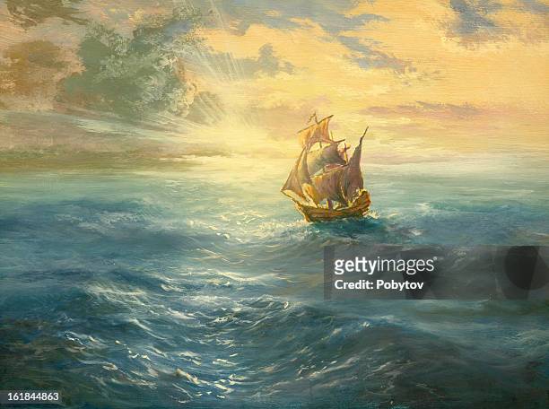 ocean sunset - tall ship stock illustrations