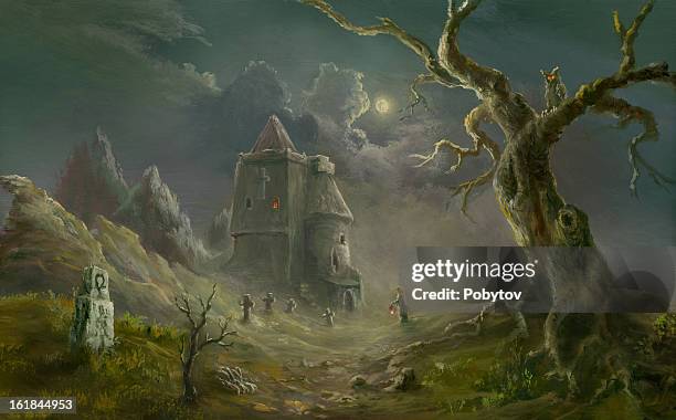 spooky church - fairytale background stock illustrations