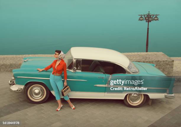 car girl - vintage pin up girl stock pictures, royalty-free photos & images