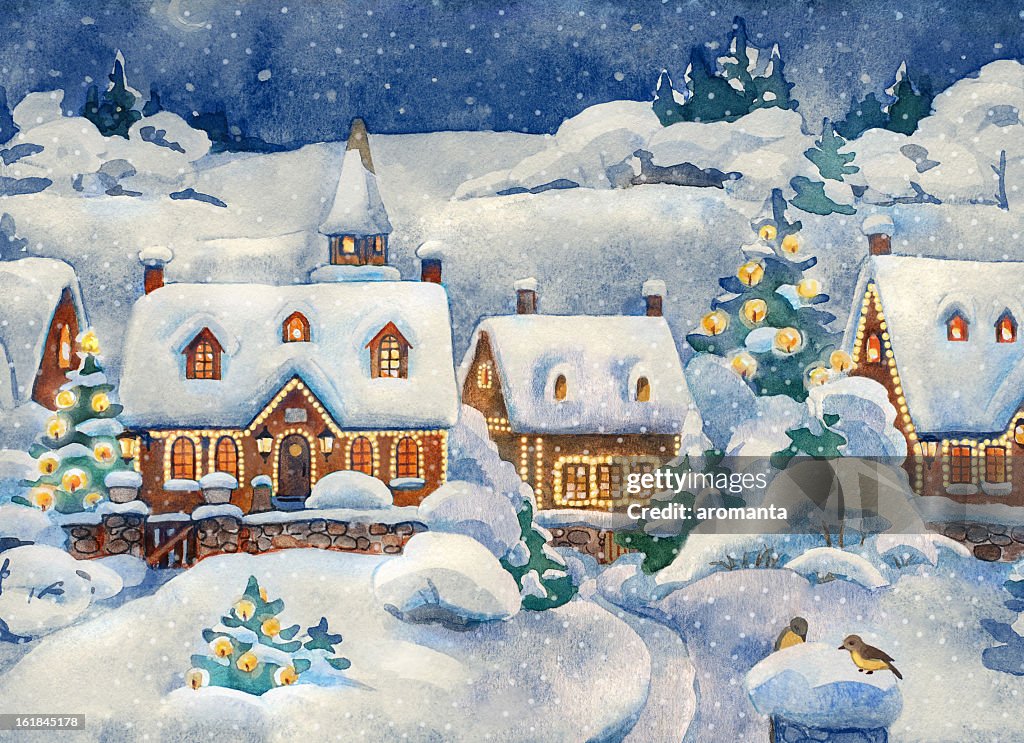 A Christmas card that shows a winter village