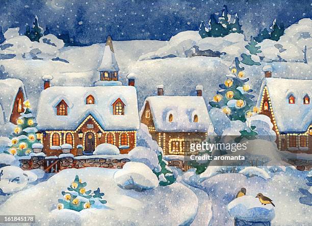a christmas card that shows a winter village - fairytale house stock illustrations