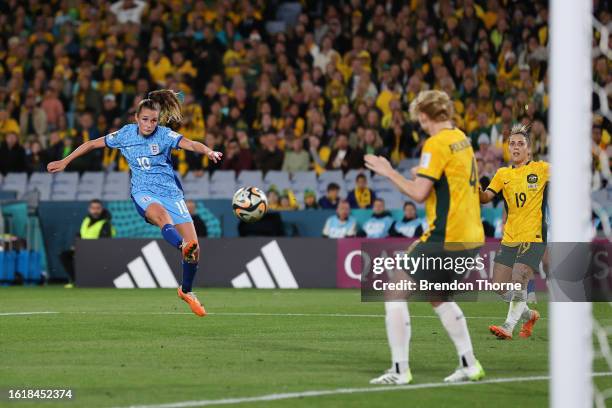 Ella Toone of England scores her team's first goal during the FIFA Women's World Cup Australia & New Zealand 2023 Semi Final match between Australia...