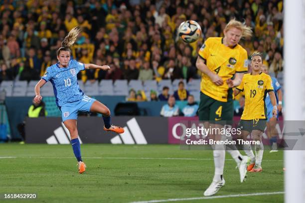 Ella Toone of England scores her team's first goal during the FIFA Women's World Cup Australia & New Zealand 2023 Semi Final match between Australia...