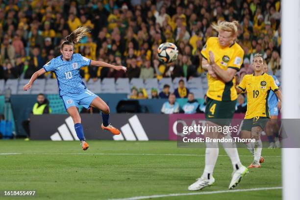 Ella Toone of England scores her team's first goal during the FIFA Women's World Cup Australia & New Zealand 2023 Semi Final match between Australia...