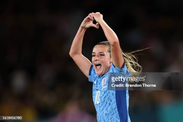 Ella Toone of England celebrates after scoring her team's first goal during the FIFA Women's World Cup Australia & New Zealand 2023 Semi Final match...