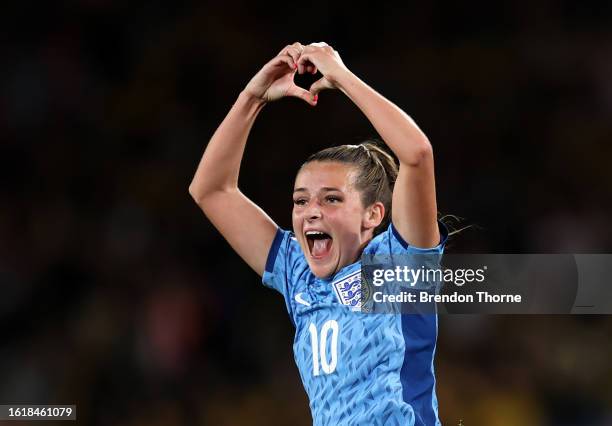 Ella Toone of England celebrates after scoring her team's first goal during the FIFA Women's World Cup Australia & New Zealand 2023 Semi Final match...