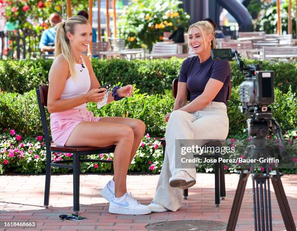 Katie Boulter and Emma Paton are seen during an interview for US Open Fan Week outside the Arthur Ashe Stadium on August 22, 2023 in New York City.