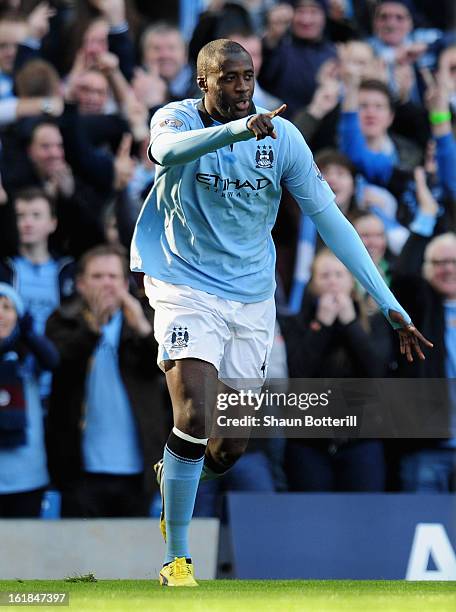 Yaya Toure of Manchester City celebrates scoring the opening goal during the FA Cup with Budweiser Fifth Round match between Manchester City and...