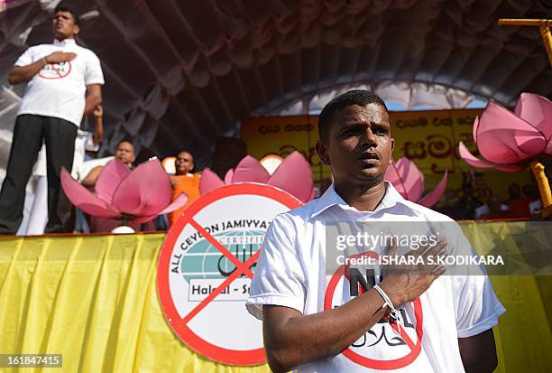 Supporter of nationalist Buddhist monks wears a T-shirt calling for a ban on Islamic halal-slaughtered meat, during a rally at Maharagama, a suburb...