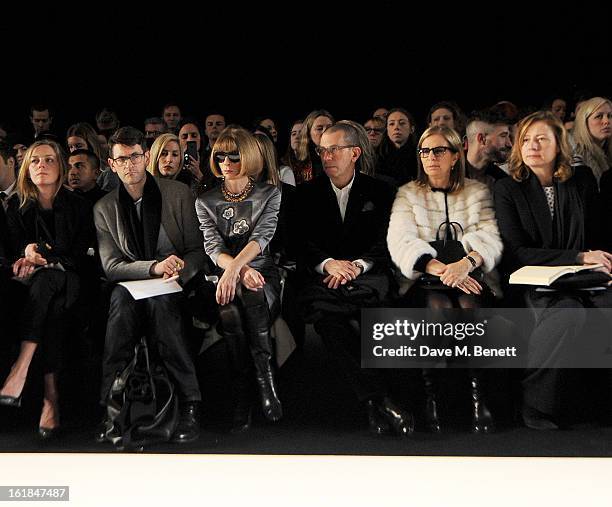 Jessica Diehl, Mark Holgate, Anna Wintour, Jonathan Newhouse, Ronnie Newhouse and Sarah Mower attend the Mulberry Autumn Winter 2013 show during...