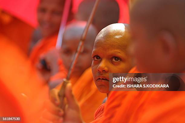 Young Sri Lankan Buddhist monks takes part in a rally calling for a ban on Islamic halal-slaughtered meat at Maharagama, a suburb of the capital...