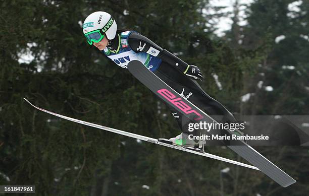 Sara Takanashi of Japan jumps during the FIS Women's Ski Jumping on February 17, 2013 in Ljubno ob Savinji, Slovenia.