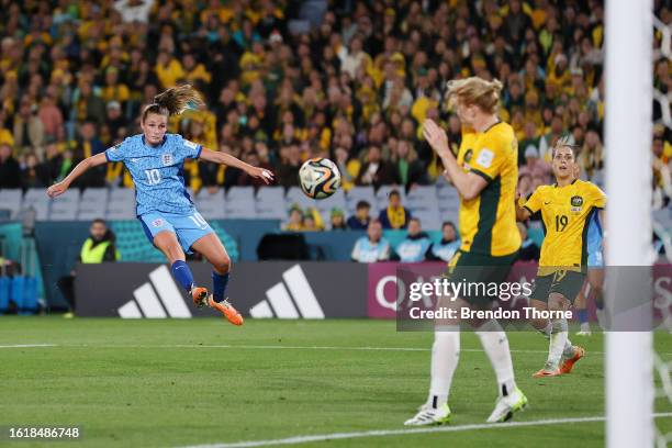 Ella Toone of England scores her team's first goal during the FIFA Women's World Cup Australia & New Zealand 2023 Semi Final match between Australia...