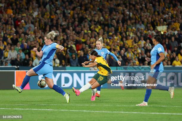 Sam Kerr of Australia scores her team's first goal during the FIFA Women's World Cup Australia & New Zealand 2023 Semi Final match between Australia...