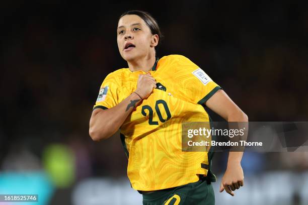 Sam Kerr of Australia celebrates after scoring her team's first goal during the FIFA Women's World Cup Australia & New Zealand 2023 Semi Final match...