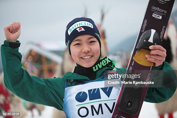 Sara Takanashi of Japan celebrates victory during the FIS Women's Ski Jumping event on February 17, 2013 in Ljubno ob Savinji, Slovenia.