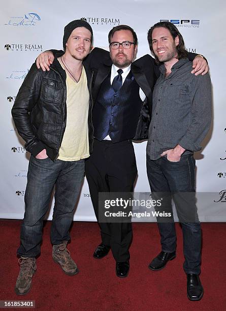 Scott Deckert, Lee Miles and Ariel Belkin attend The Realm Creative red carpet premier party on February 16, 2013 in Los Angeles, California.
