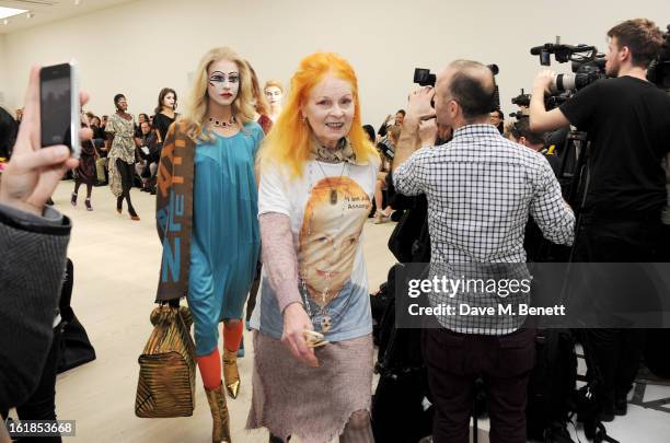 Dame Vivienne Westwood attends the Vivienne Westwood Red Label show during London Fashion Week Fall/Winter 2013/14 at the Saatchi Gallery on February...