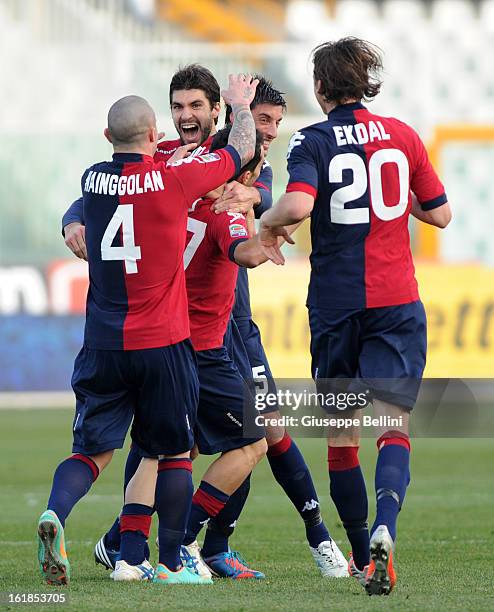 Marco Sau of Cagliari celebrates after scoring during the Serie A match between Pescara and Cagliari Calcio at Adriatico Stadium on February 17, 2013...