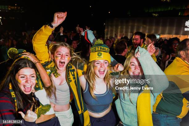 Matildas fans react after a Sam Kerr goal at the Sydney FIFA Fan Festival in the Matildas FIFA World Cup Semi Final match against England, on August...