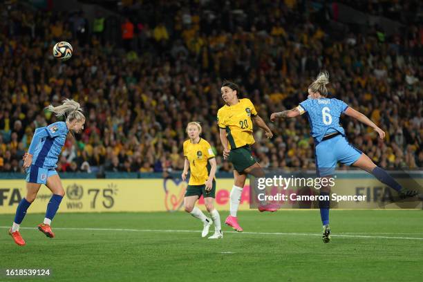 Sam Kerr of Australia wins the header against Millie Bright of England during the FIFA Women's World Cup Australia & New Zealand 2023 Semi Final...