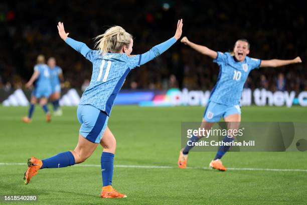 Lauren Hemp of England celebrates after scoring her team's second goal during the FIFA Women's World Cup Australia & New Zealand 2023 Semi Final...