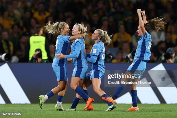 Lauren Hemp of England celebrates with teammates after scoring her team's second goal during the FIFA Women's World Cup Australia & New Zealand 2023...