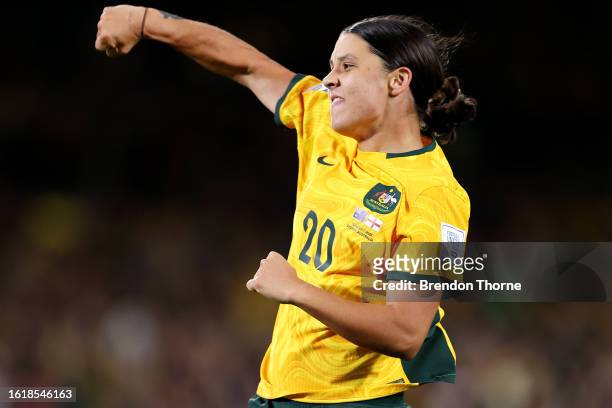Sam Kerr of Australia celebrates after scoring her team's first goal during the FIFA Women's World Cup Australia & New Zealand 2023 Semi Final match...