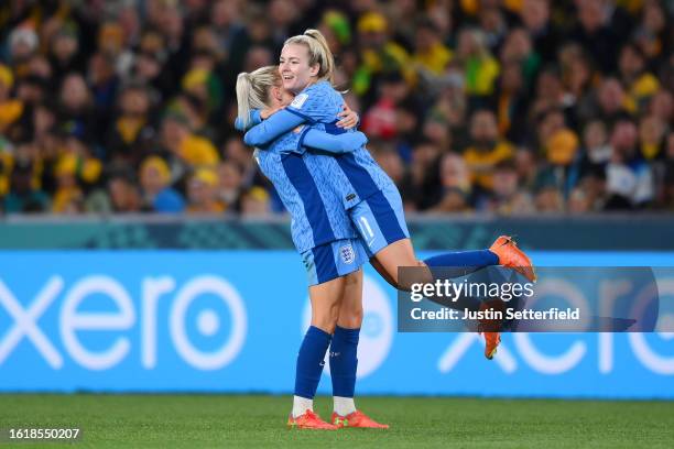 Lauren Hemp of England celebrates with teammate Alex Greenwood after scoring her team's second goal during the FIFA Women's World Cup Australia & New...