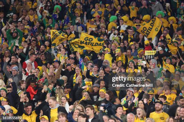 Australia fans celebrate the team's first goal scored by Sam Kerr during the FIFA Women's World Cup Australia & New Zealand 2023 Semi Final match...