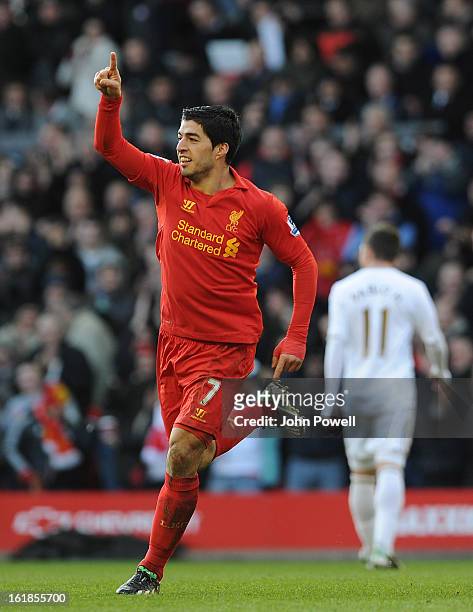 Luis Suarez of Liverpool celebrates his goal during the Barclays Premier League match between Liverpool and Swansea City at Anfield on February 17,...