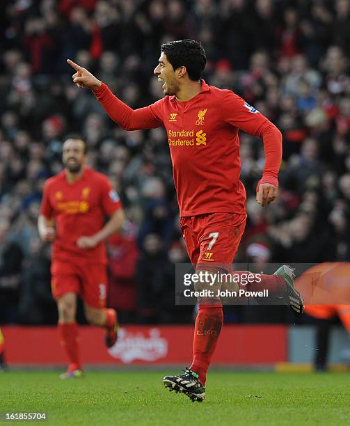 Luis Suarez of Liverpool celebrates his goal during the Barclays Premier League match between Liverpool and Swansea City at Anfield on February 17,...