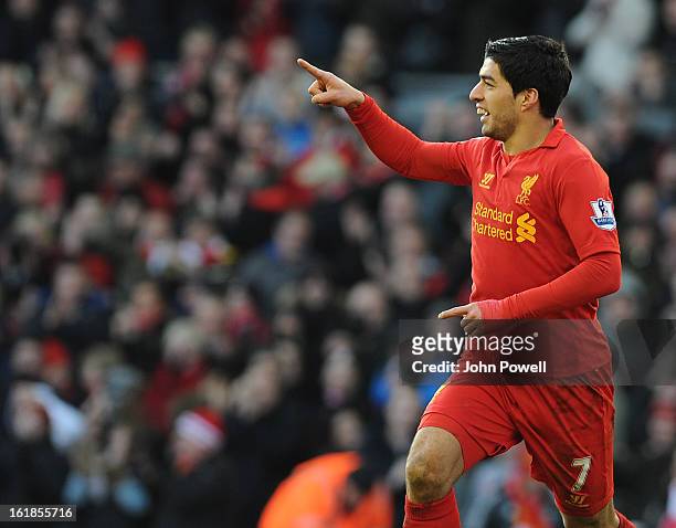 Luis Suarez of Liverpool celebrates his goal during the Barclays Premier League match between Liverpool and Swansea City at Anfield on February 17,...