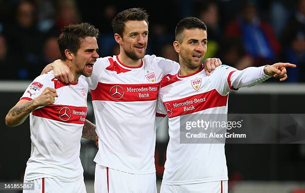 Martin Harnik of Stuttgart celebrates his team's first goal with team mates Christian Gentner and Vedad Ibisevic during the Bundesliga match between...